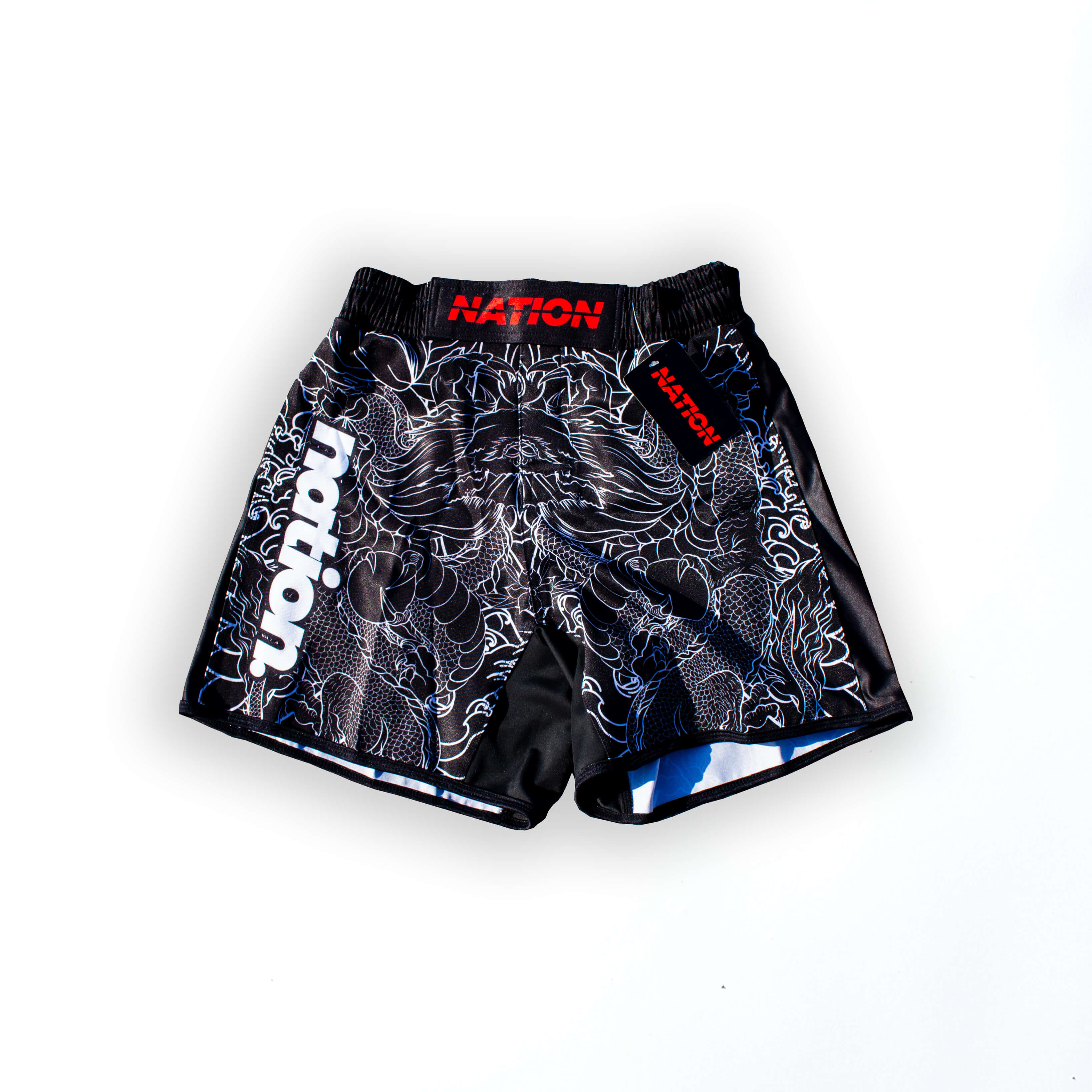 Kids BJJ Grappling Shorts, black with dragon design, lightweight and durable, by Nation Athletic.