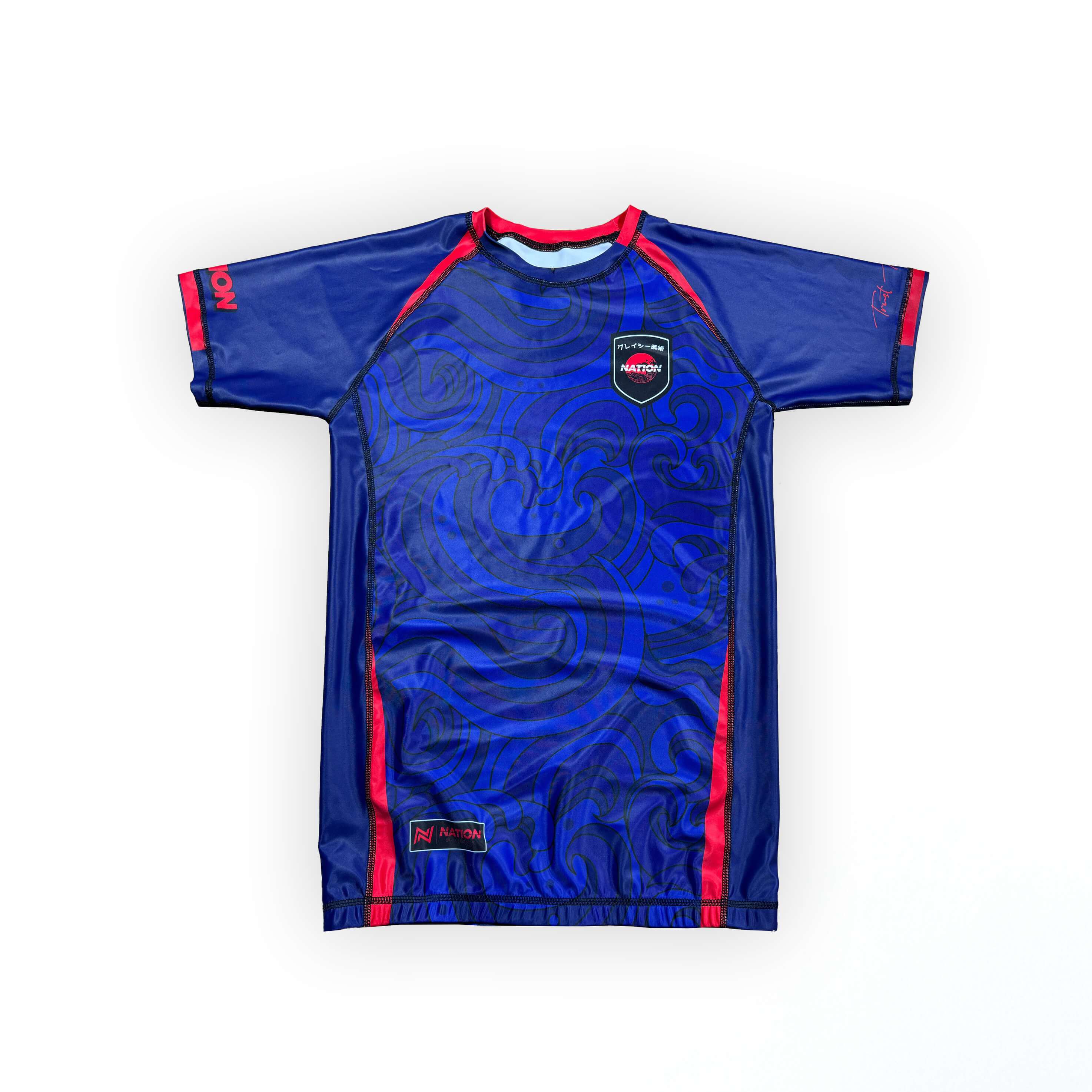 The Great Wave BJJ Rash Guard in blue, short sleeve, premium no-gi jiu jitsu rash guard by Nation Athletic.