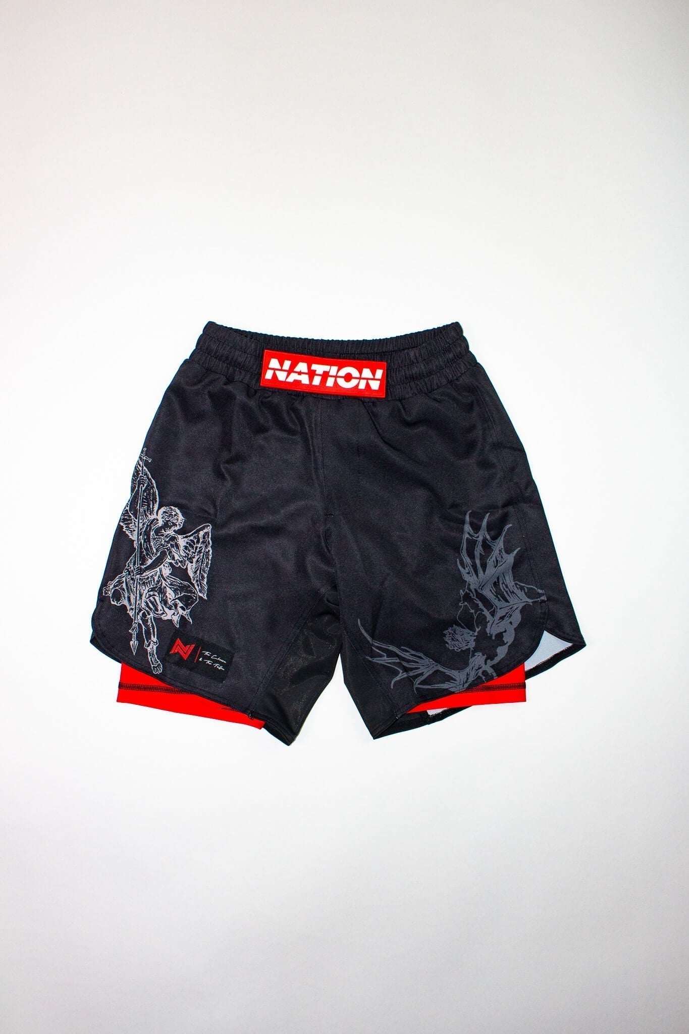 Black War in Heaven No-Gi Grappling Shorts with sublimated design, perfect for Jiu Jitsu and MMA.