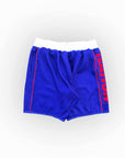 Blue shorts with red and white accents on a white background