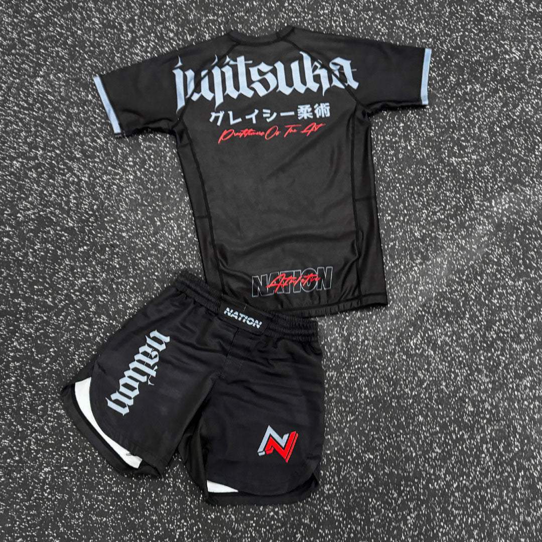 Nation Athletic BJJ Rash Guard and BJJ Shorts Set  Set Flatlay