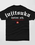 Back view of black Nation Graphic Tee with "jujitsuka nation ath." and "built from the ground up." printed in white and red gothic font