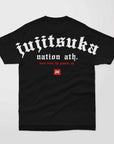 Black limited drop BJJ tee with "jujitsuka nation ath. built from the ground up." gothic text on the back, made from premium cotton poly blend