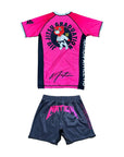 Kanye BJJ No-Gi Set with pink and black moisture-wicking rash guard and durable grappling shorts featuring bold sublimated artwork and streetwear style