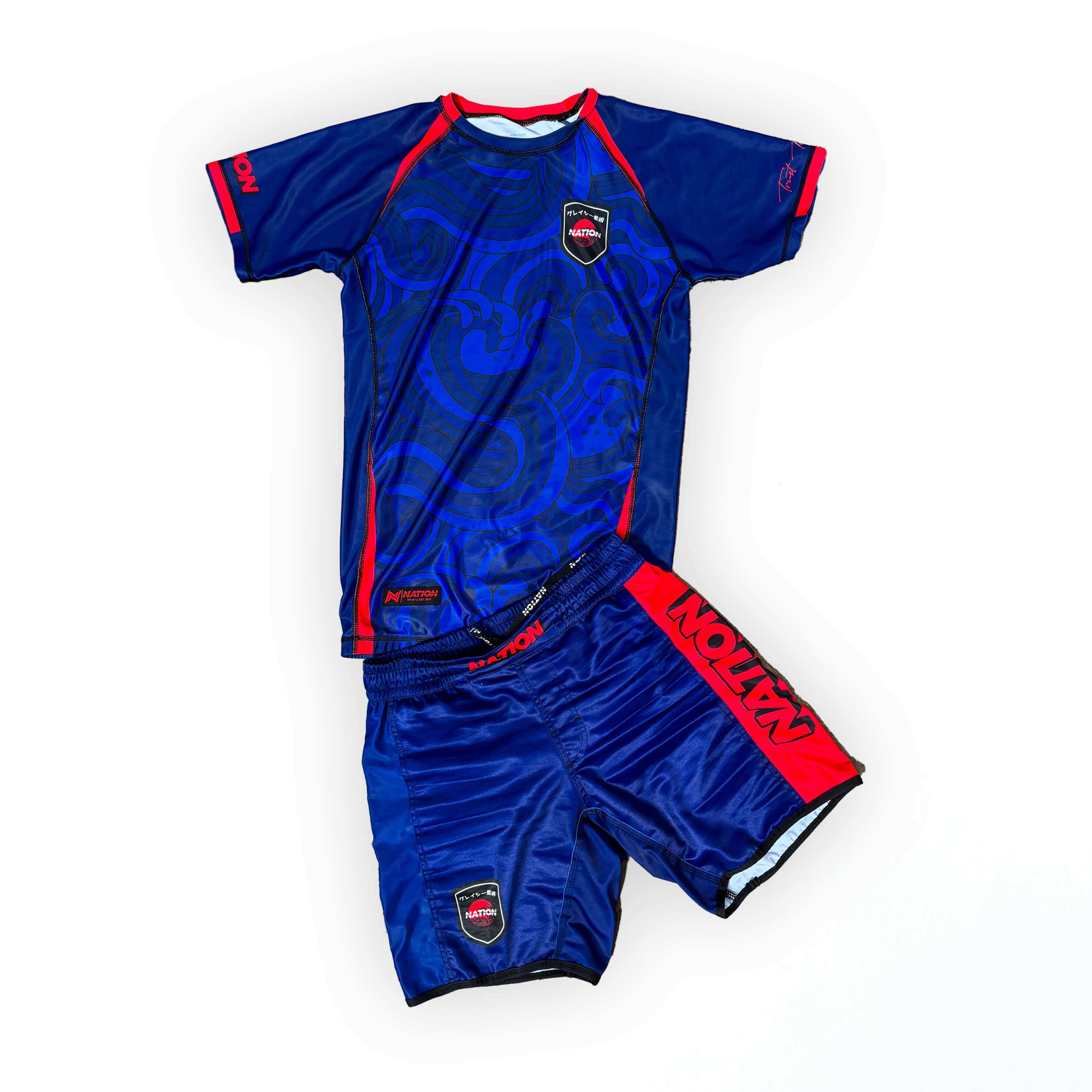 Blue Make Waves BJJ Rash Guard Set with Great Wave design, tailored fit, sublimated print.