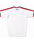 White mexico bjj rash guard with red and blue trim on a white background