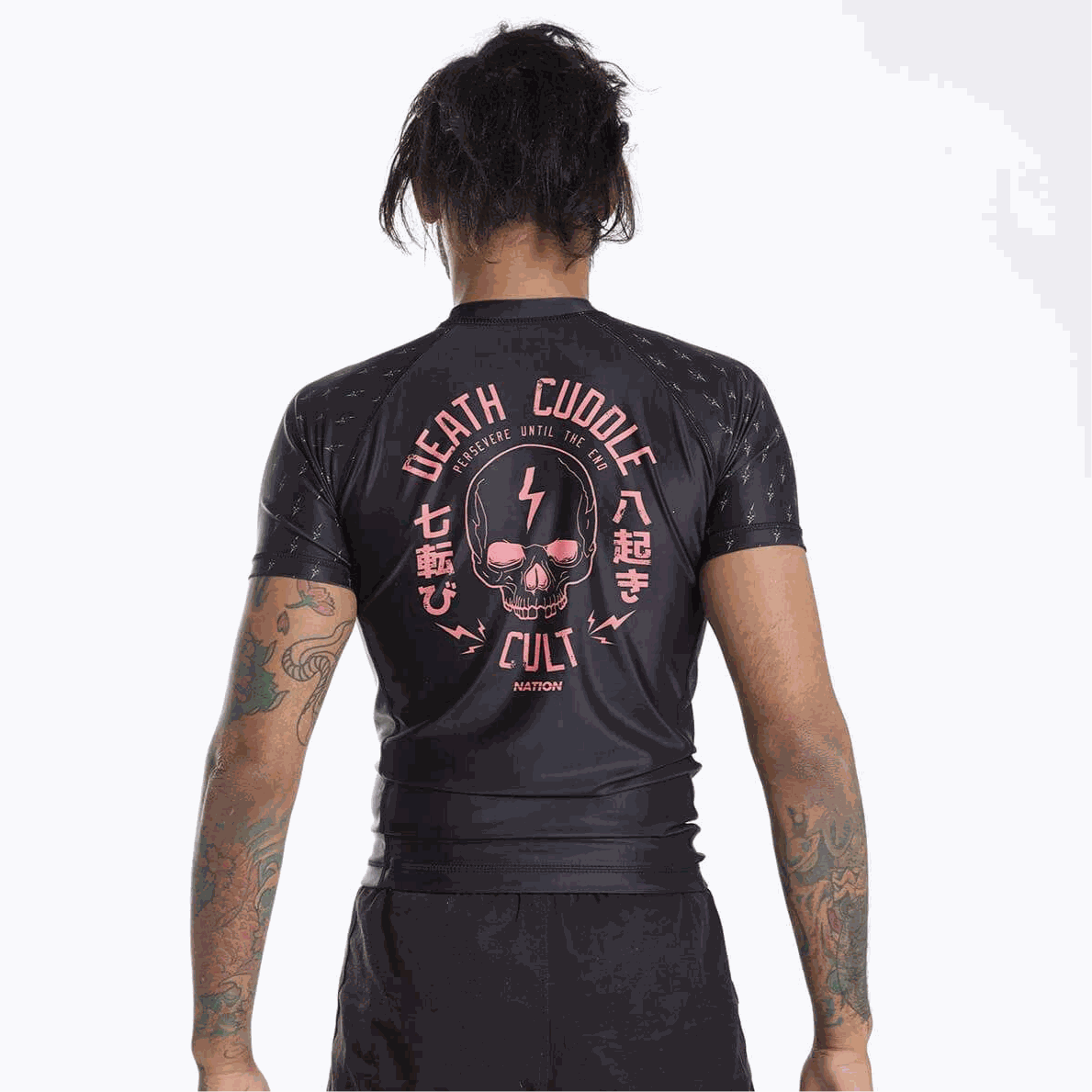 death cuddles bjj rash guard guard back view by nation athletic