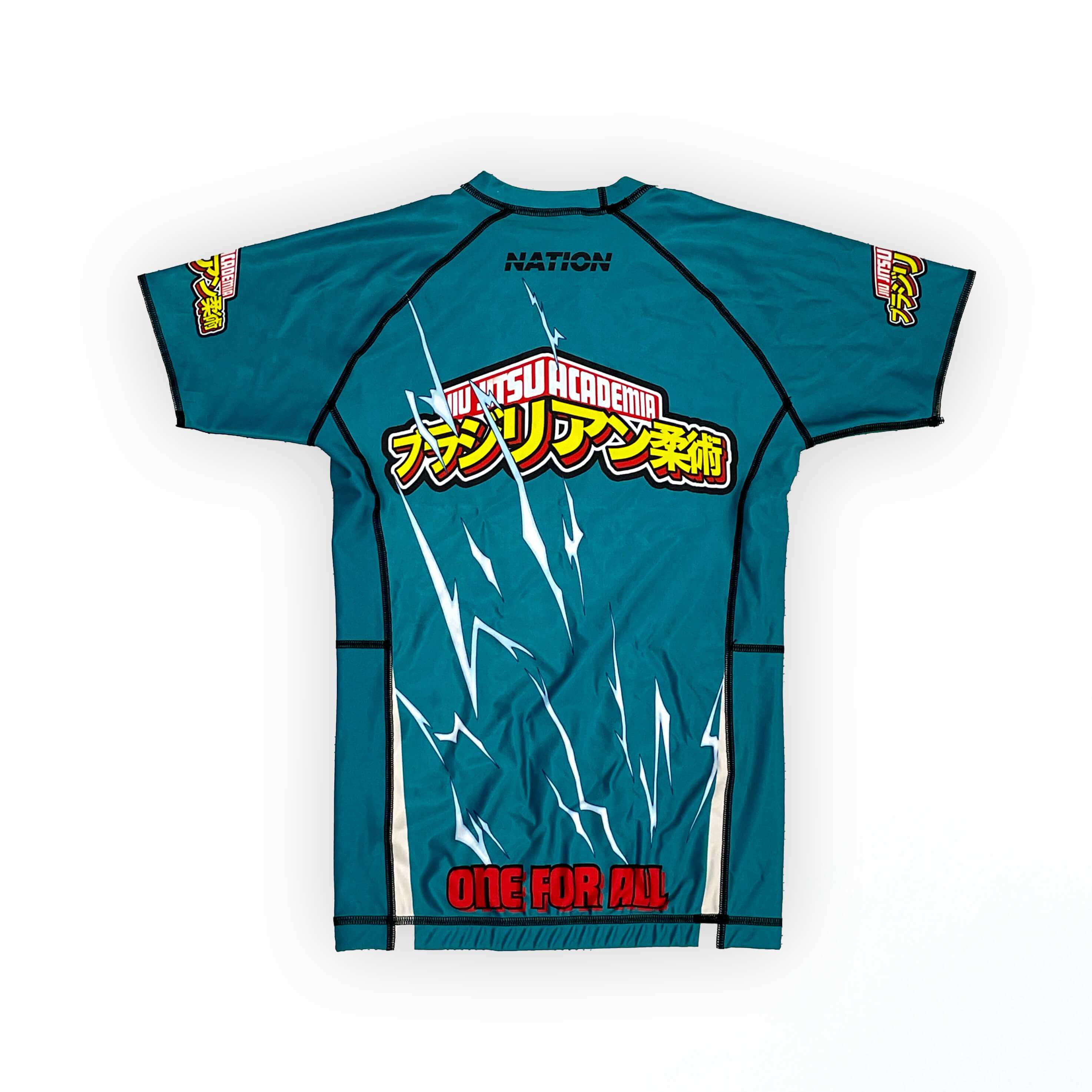 Multicolor anime-inspired BJJ rash guard with compression fit for no-gi Jiu Jitsu, featuring My Hero Academia design.