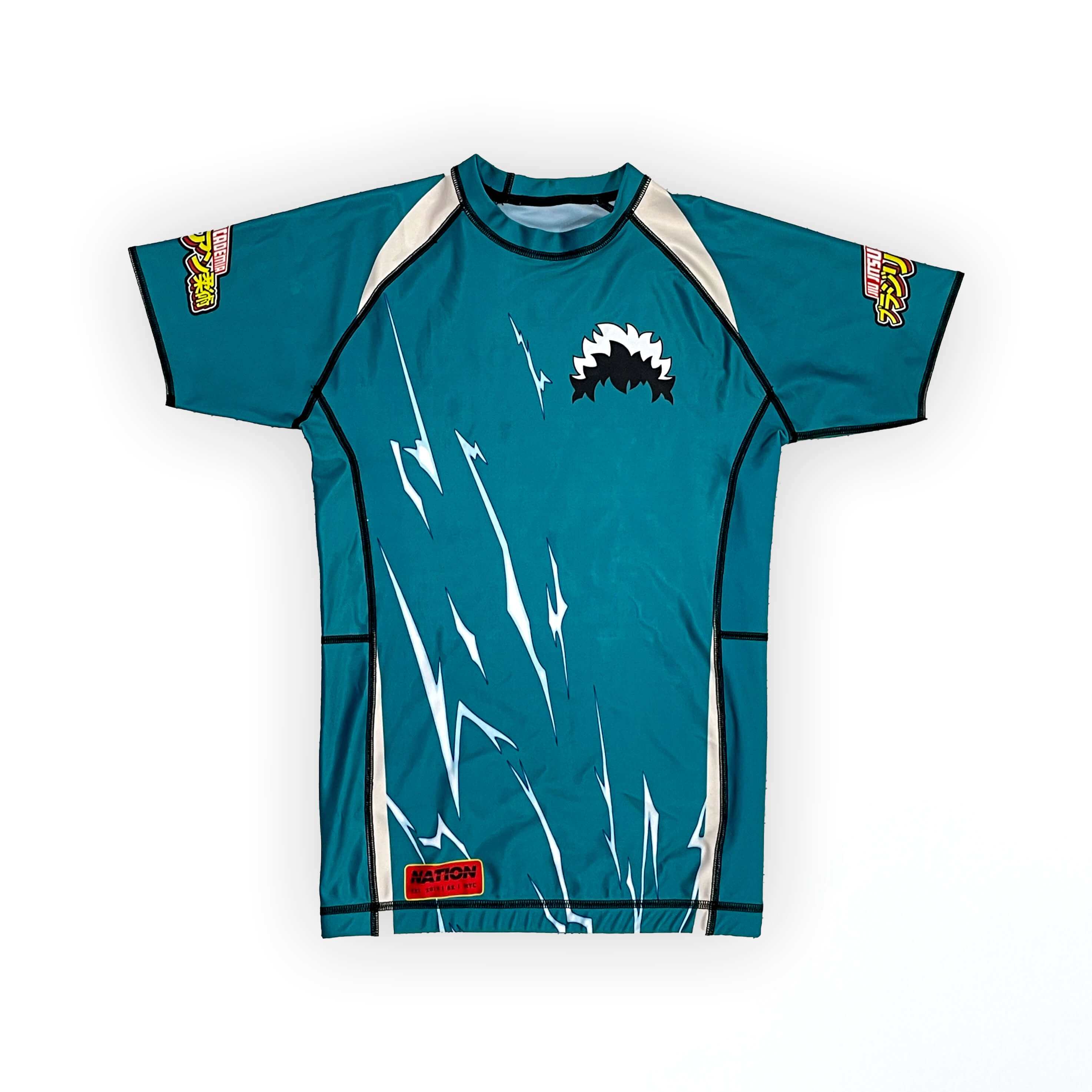Multicolor anime-inspired BJJ rash guard with compression fit for no-gi Jiu Jitsu, featuring My Hero Academia design.