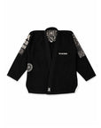 A black martial arts bjj gi jacket with white embroidered details, including the brand name 'NABON' on the chest, circular patches on the sleeves, and a patterned lining, shown flat on a white background.
