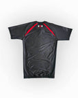Black sports jersey with red accents on a white background