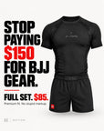 Nation Standard Issue black rash guard and grappling shorts — full set $85. Stop paying $150 for BJJ gear.