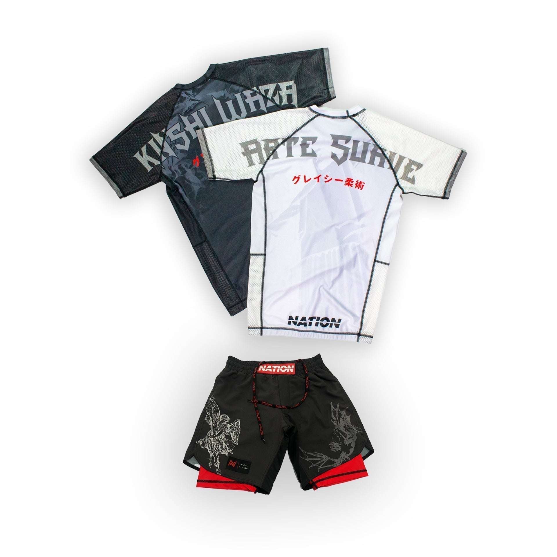 BJJ rash guard set in black and white with waffle tech compression fabric.
