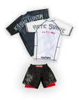 BJJ rash guard set in black and white with waffle tech compression fabric.