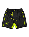 Black shorts with yellow accents on a white background