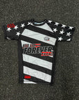 Limited edition Odyssey Invitational BJJ Rash Guard with striped design for No-Gi grappling and MMA.