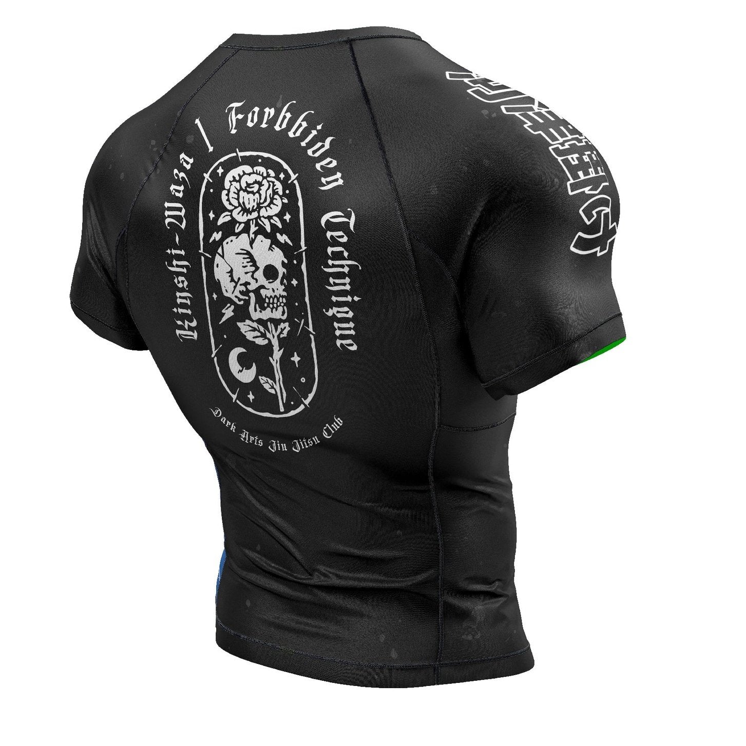 Dark Arts Jiu Jitsu Rash Guard with Kinshi Waza design, durable spandex/polyester mix.
