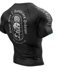 Dark Arts Jiu Jitsu Rash Guard with Kinshi Waza design, durable spandex/polyester mix.