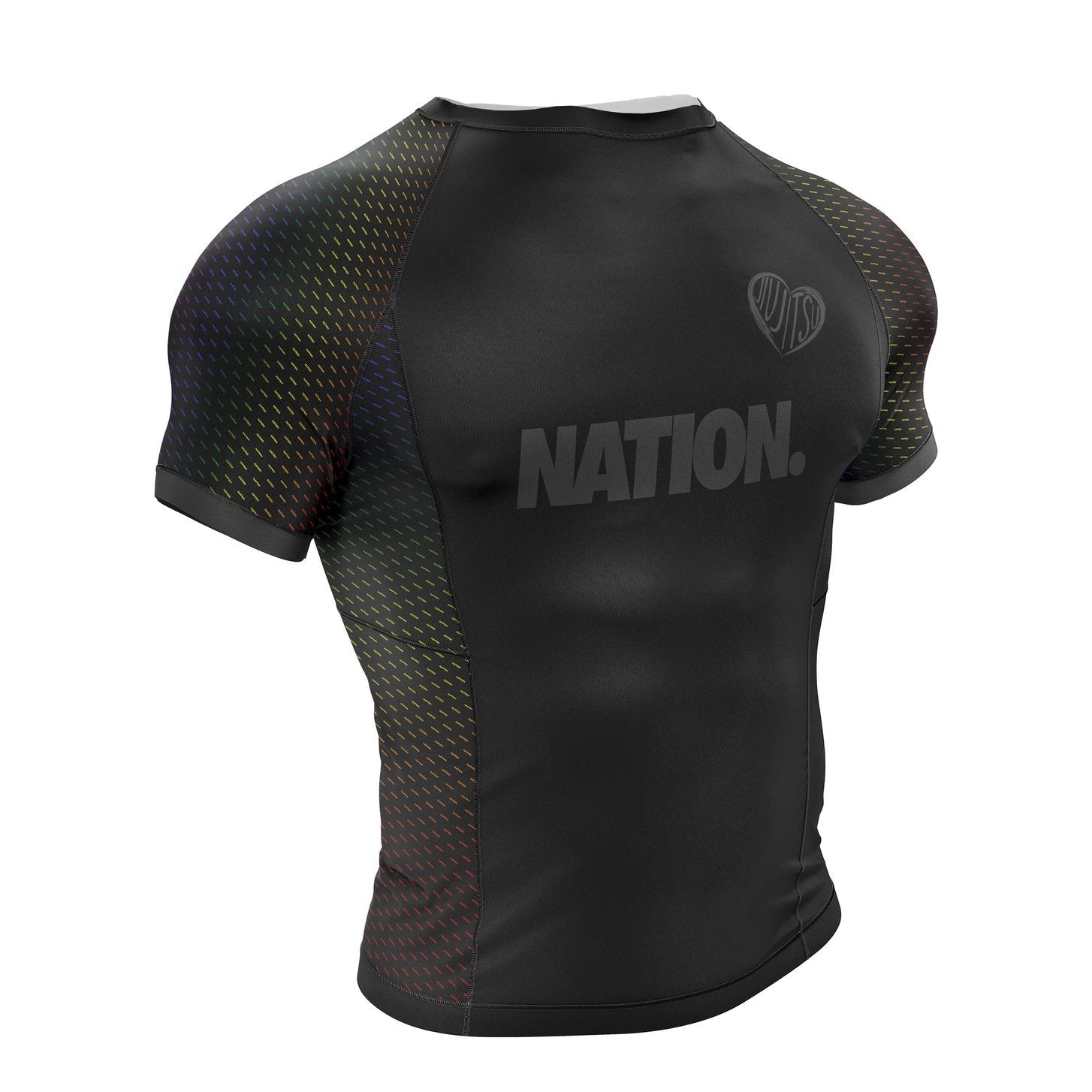 Black short sleeve BJJ rash guard with sublimated graphics, designed for durability and comfort.
