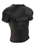 Black short sleeve BJJ rash guard with sublimated graphics, designed for durability and comfort.