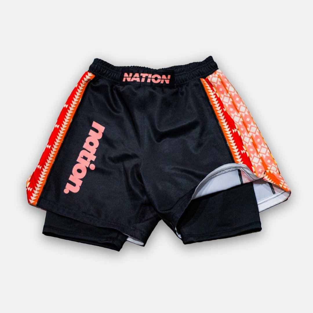 Cucuy Hunter BJJ hybrid grappling shorts with Tex-Mex-inspired design; elastic waist, drawstring, sublimated print for BJJ, wrestling, MMA.