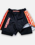 Cucuy Hunter BJJ hybrid grappling shorts with Tex-Mex-inspired design; elastic waist, drawstring, sublimated print for BJJ, wrestling, MMA.
