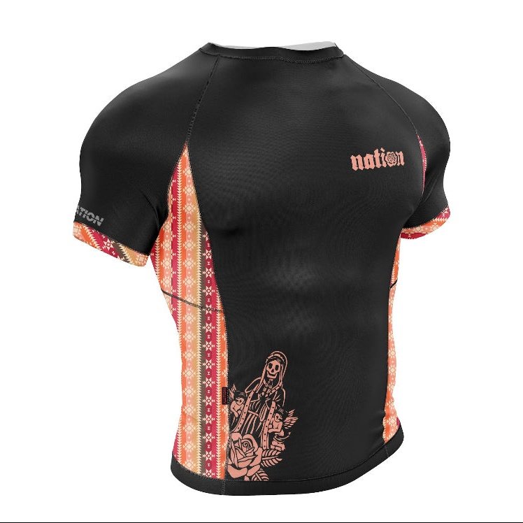 Cucuy Hunter short sleeve BJJ rash guard with Tex-Mex design, featuring durable stitching and silicone waist lining.
