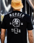 Black BJJ tees featuring "Murder Yoga" design, showcasing Jiu Jitsu culture with a bold back graphic.