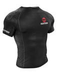 Black short sleeve BJJ rash guard with paisley sublimated details, featuring red Japanese rising sun and Jiu Jitsu kanji symbols.