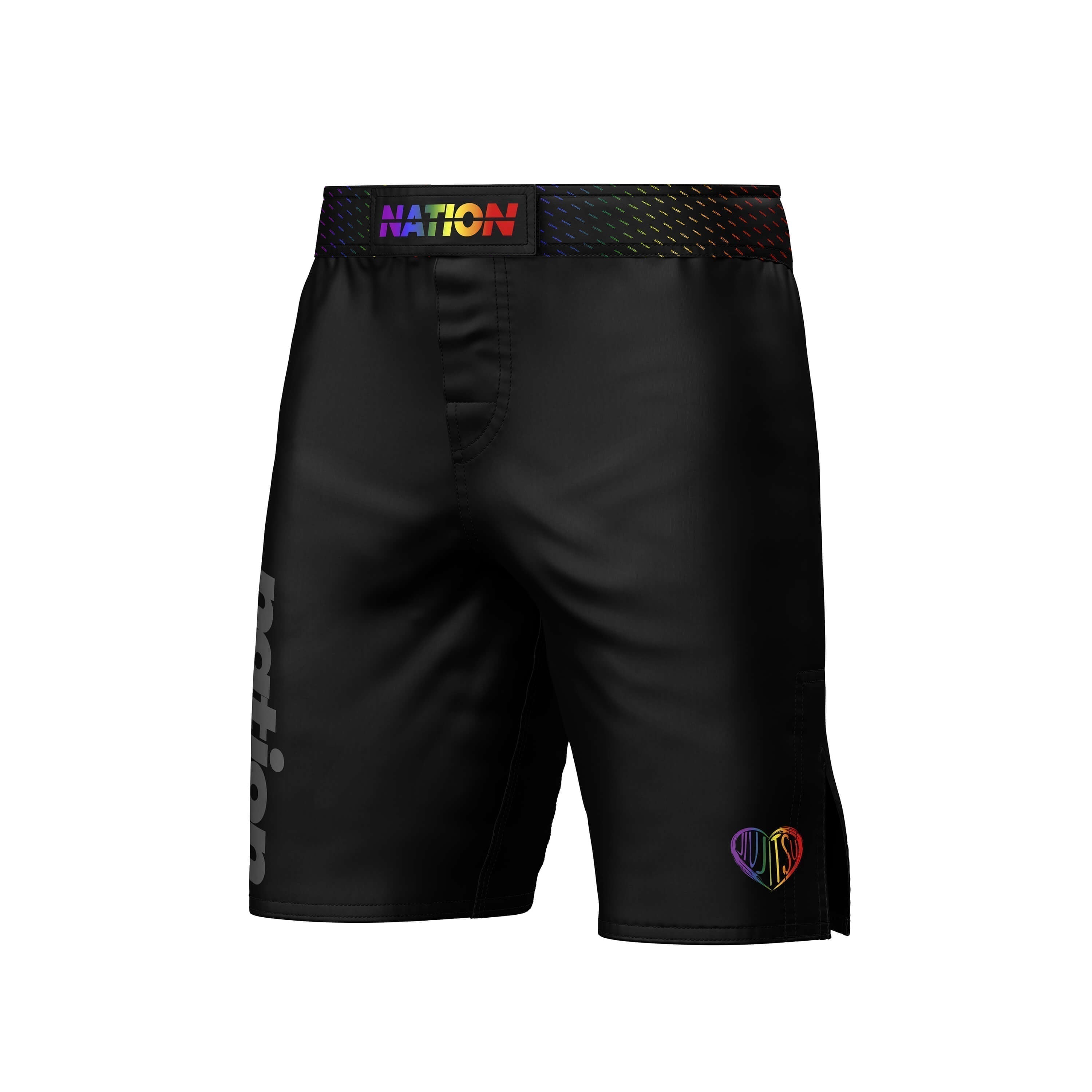 Black BJJ grappling shorts by Nation Athletic, designed for grappling, wrestling, and MMA, featuring a rainbow waistband and heart logo detailing.