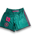 Green women's BJJ grappling shorts by Hooligans, featuring high-rise fit and sublimated artwork.