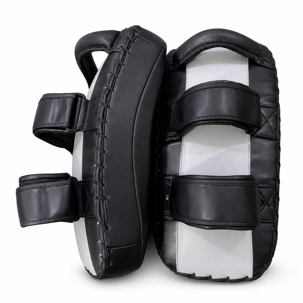 Black and silver custom Thai kick pad factory samples showing padding and rear straps
