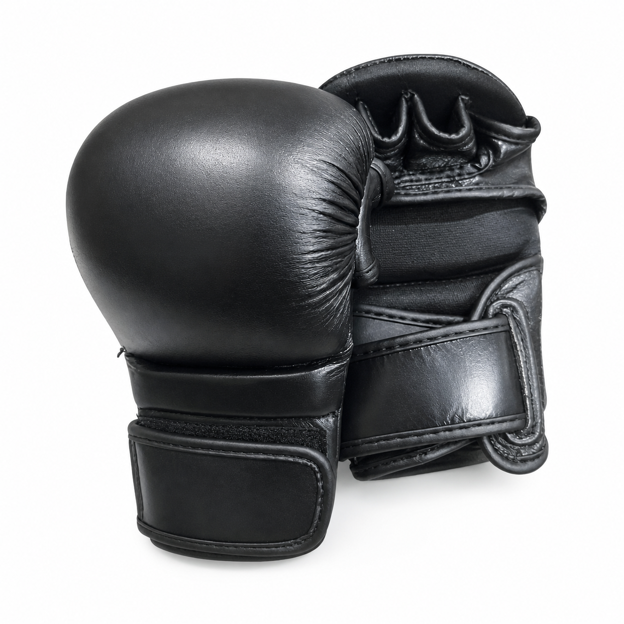Black custom MMA glove factory sample shown from the knuckle and palm sides