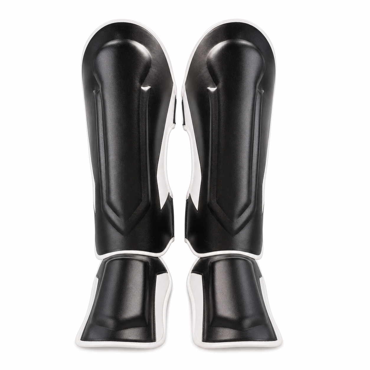 Black and white custom shin guard factory sample on a white background