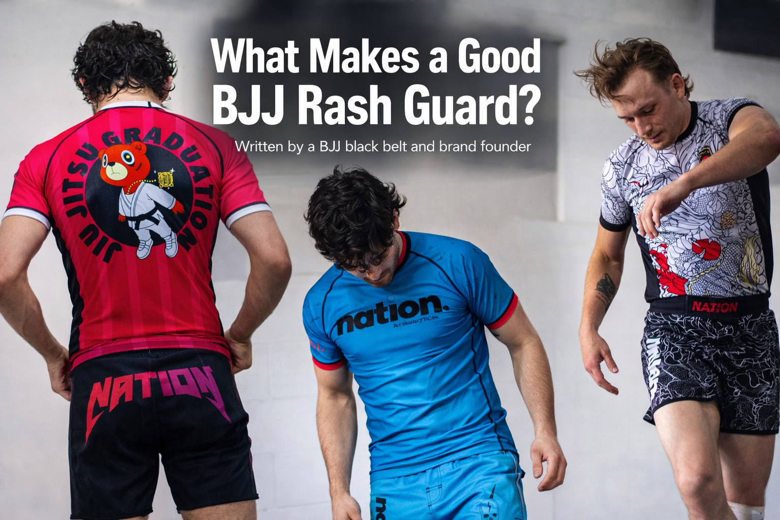 BJJ athletes wearing Nation Athletic rash guards and no-gi shorts during training, showcasing fit, durability, and mobility