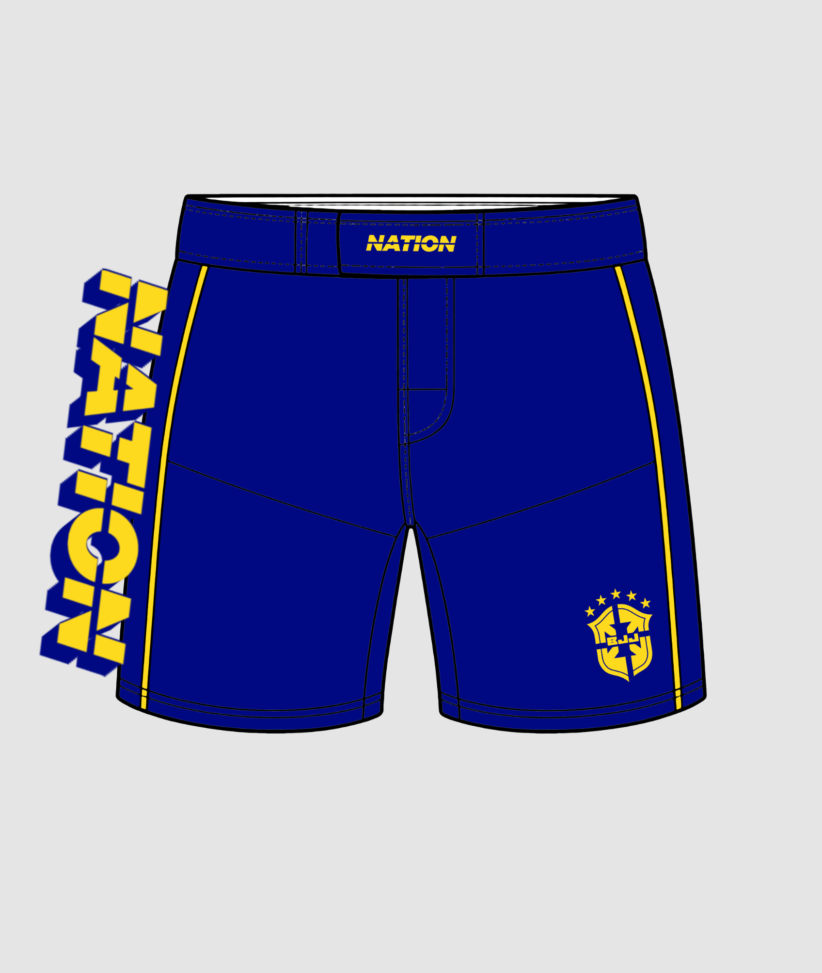 Blue athletic shorts with 'NATION' branding on a gray background