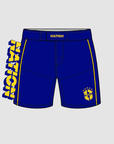 Blue athletic shorts with 'NATION' branding on a gray background