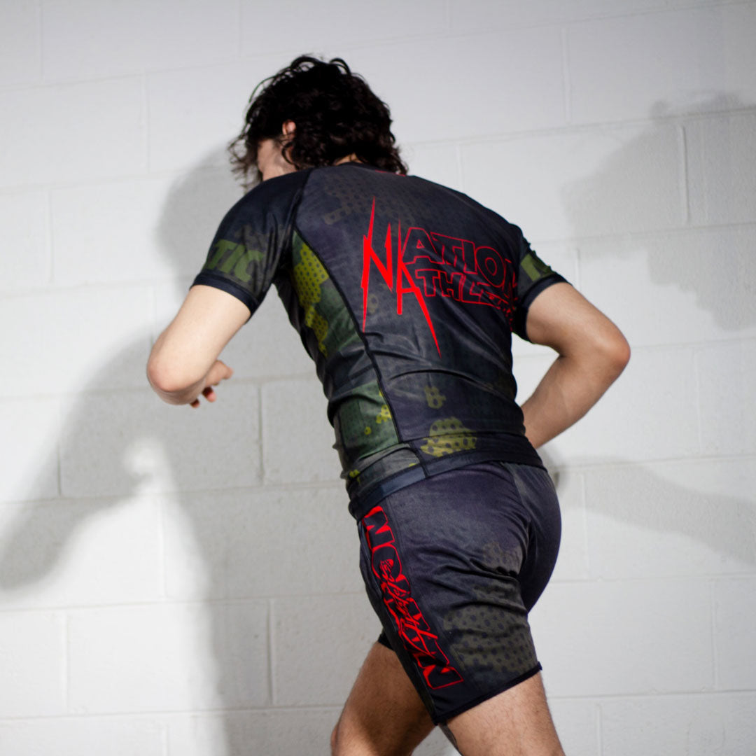 Camo BJJ Rash Guard Set with BJJ Shorts  Side Action Shot