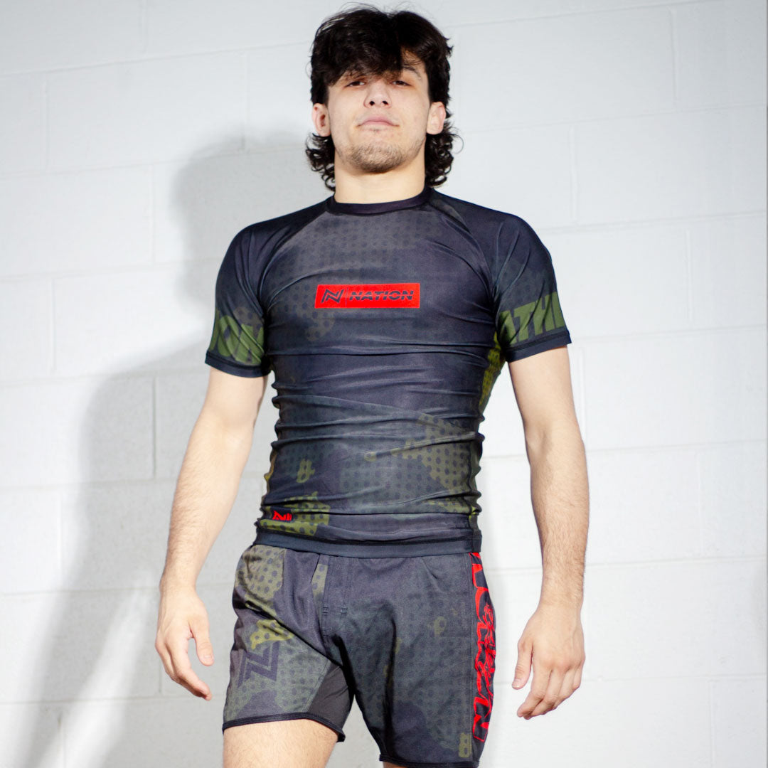 Camo BJJ Rash Guard Set with BJJ Shorts  front