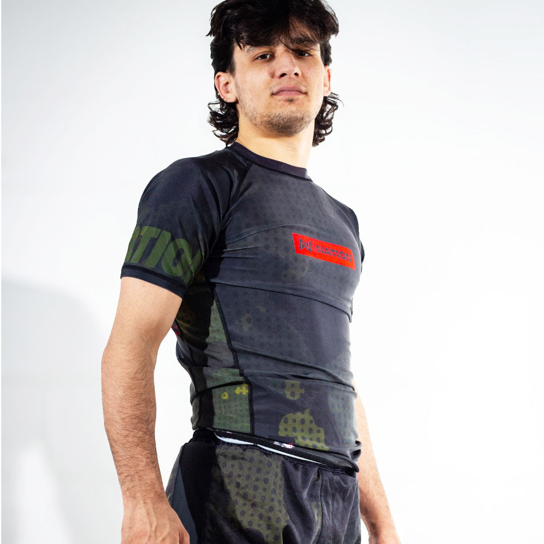 Camo BJJ Rash Guard Set with BJJ Shorts  side angle