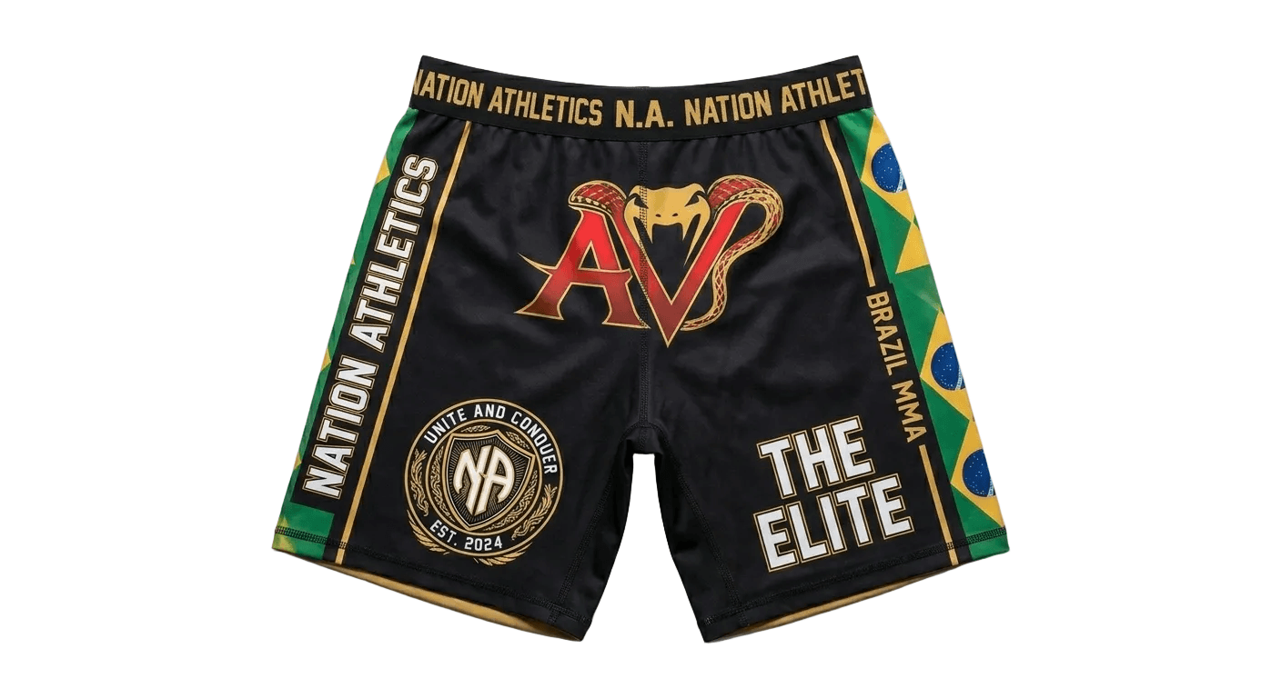 Custom vale tudo shorts with compression fit and custom branding for MMA and submission wrestling athletes
