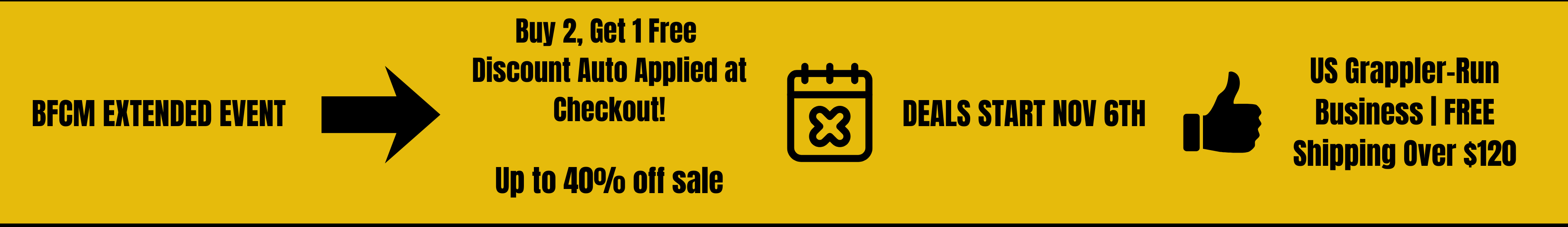 Promotional banner with text and icons on a black background