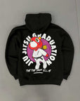 Black Kanye BJJ Hoodie with oversized fit featuring colorful cartoon bear in jiu-jitsu gi and bold "Jiu Jitsu Graduation" text on back