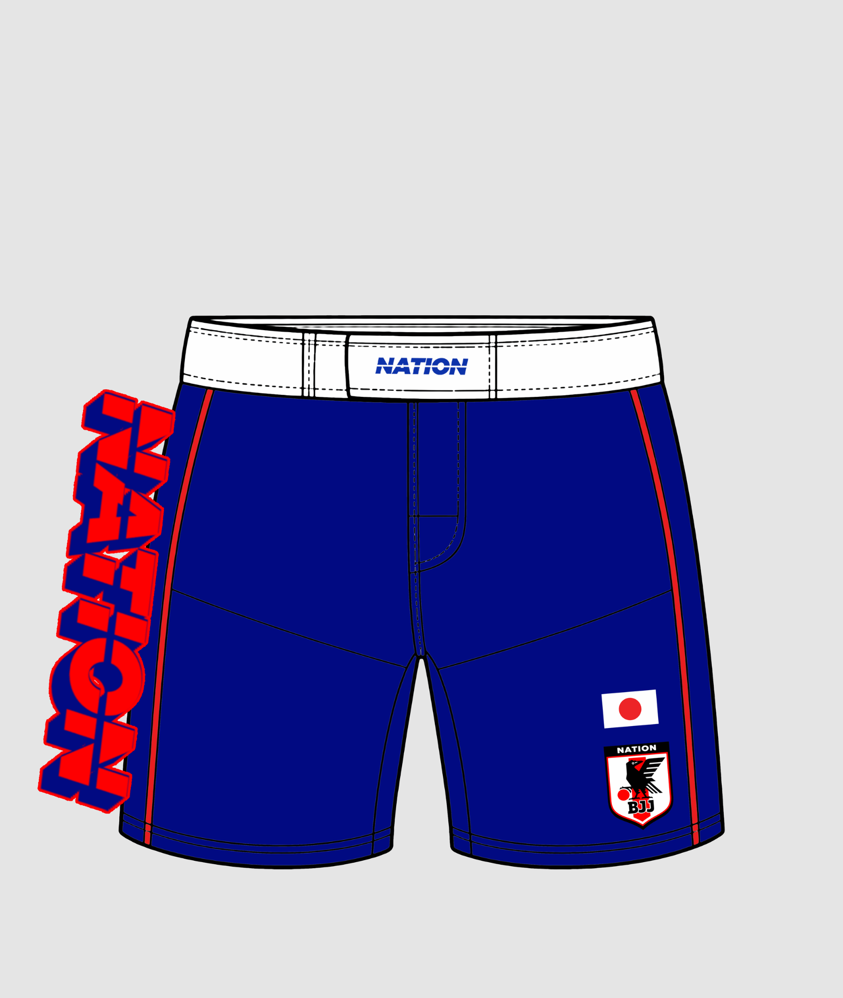 Blue shorts with red and white text and a small flag emblem on a light gray background