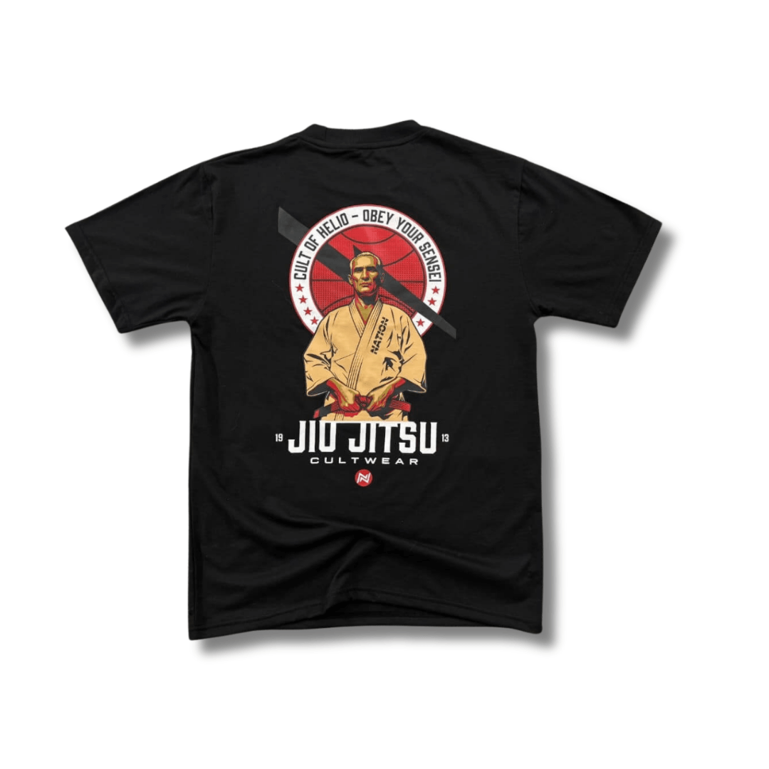 Black t-shirt with Jiu Jitsu design on a white background