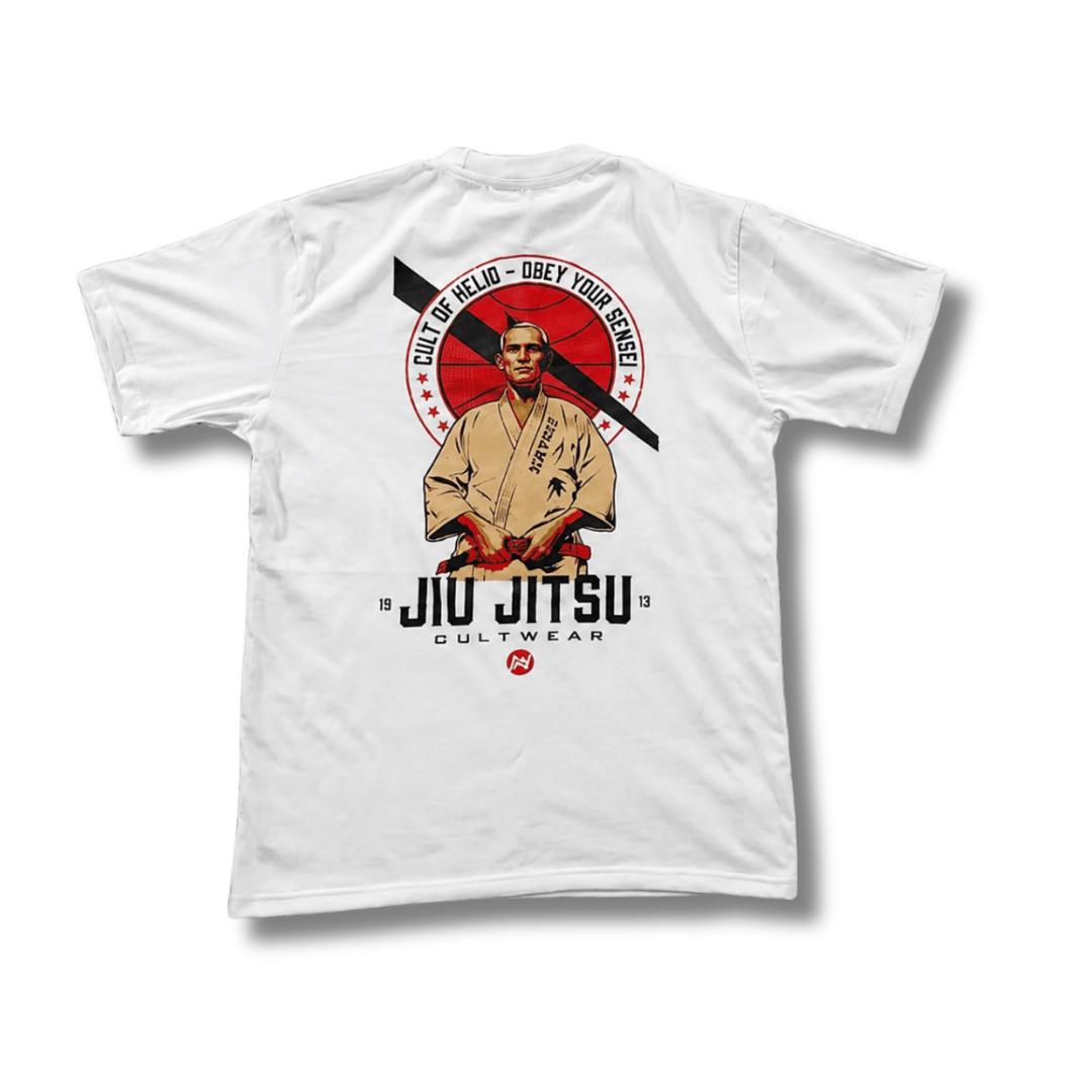 White t-shirt with Jiu Jitsu design featuring a person in a gi and text on a white background