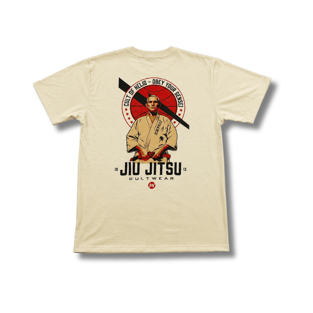 Beige t-shirt with Jiu Jitsu design featuring a martial artist and text on a white background