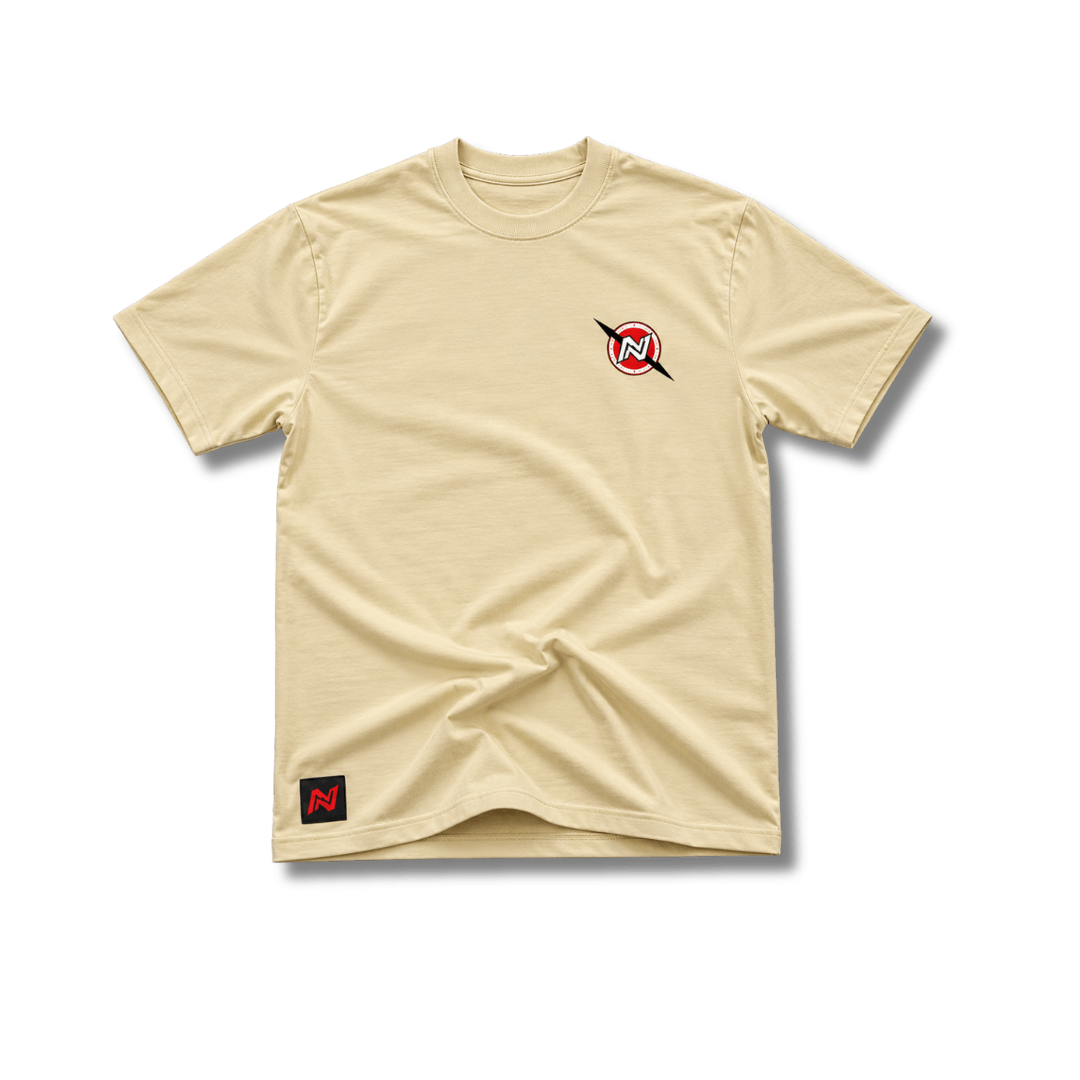 Beige t-shirt with a logo on a white background