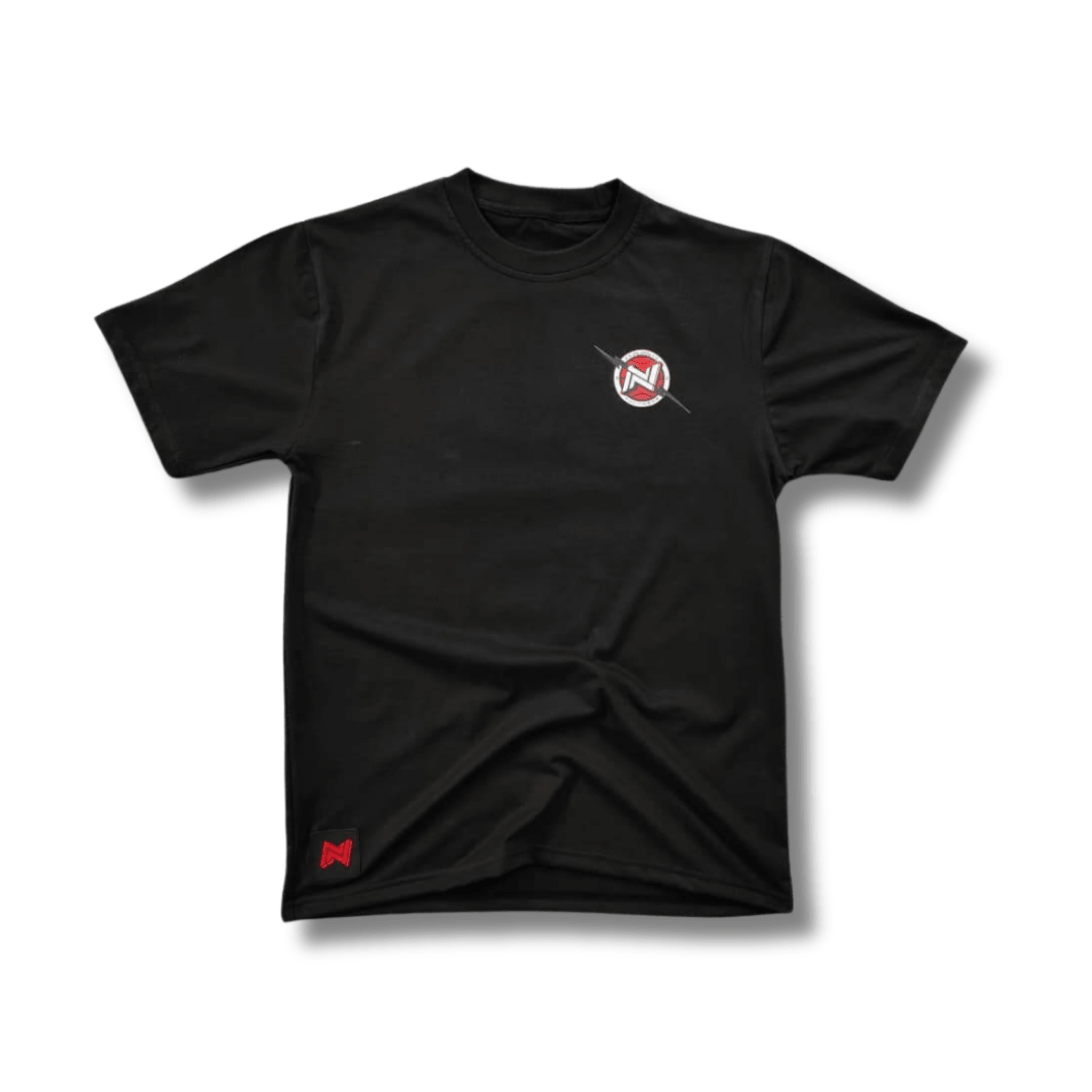 Black t-shirt with a logo on a white background