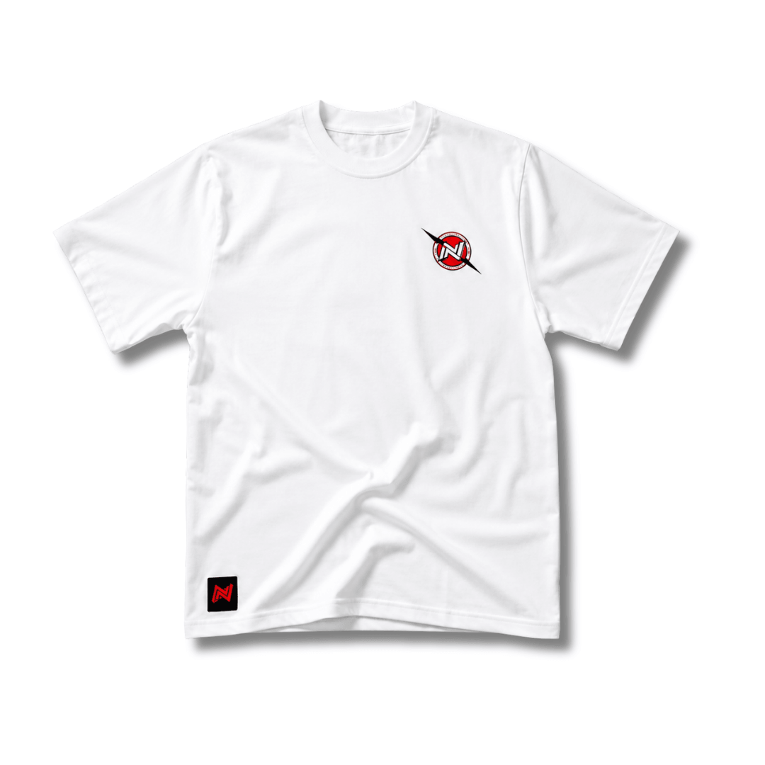 White t-shirt with a logo on a white background